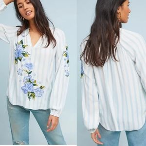 Anthropologie Light Blue & White Stripes  Embroidery Long Sleeves Blouse Small
